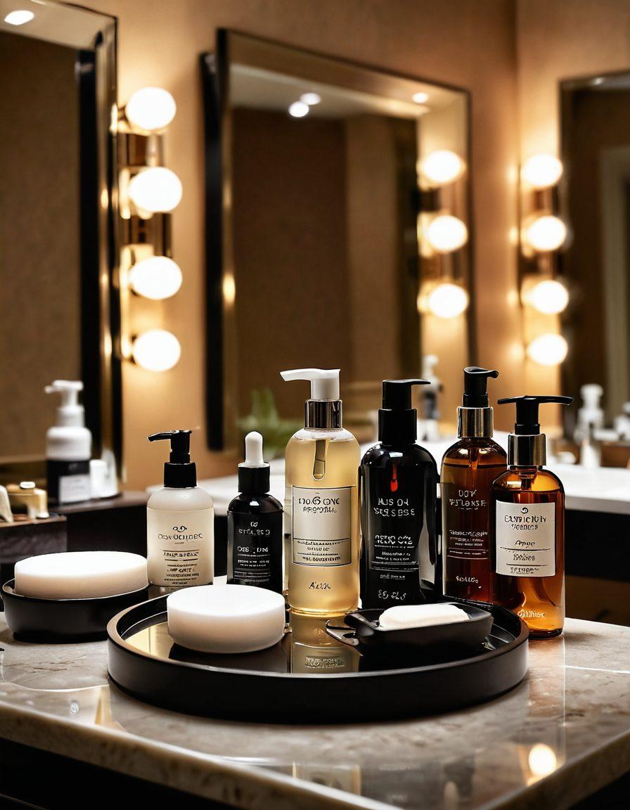 A stylishly arranged grooming station featuring luxury men's toiletries, a classic shaving kit, and high-end skincare products. The background shows a soft-focus upscale bathroom setting with warm lighting, a hint of elegance, and a modern touch. Include elements like a well-groomed man looking in the mirror, showcasing confidence and style. The atmosphere should exude sophistication and self-care. super-realistic. warm colors. elegant background.