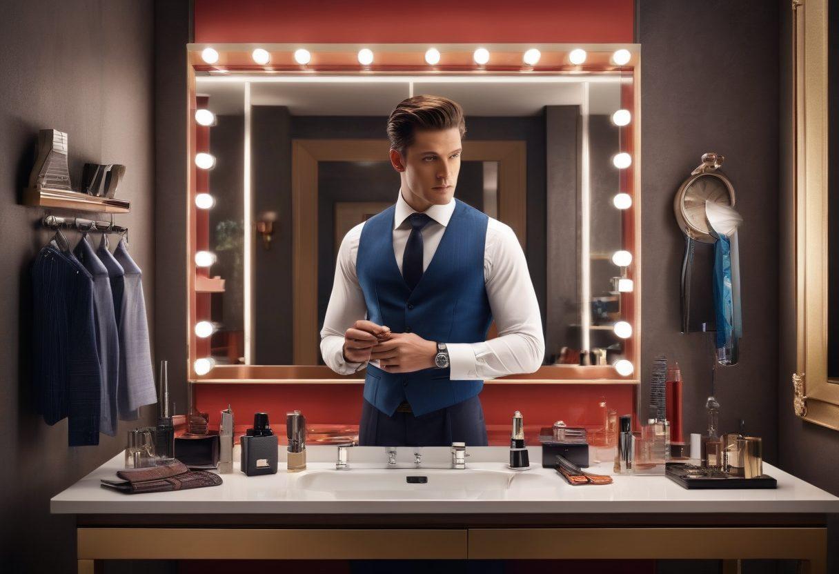 A stylishly dressed man standing confidently in front of a mirror, showcasing grooming tools like a comb, razor, and cologne, surrounded by fashion accessories like watches and ties, with an aura of sophistication and self-assuredness. The background features a modern, well-lit dressing room with elegant decor. super-realistic. vibrant colors. 3D.