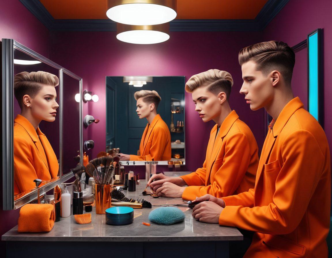 A stylish transformation scene showcasing a diverse group of people experimenting with different hairstyles and fashion styles. Include mirrors reflecting vibrant outfit choices, grooming tools like razors and combs, and a color palette that exudes confidence and flair. The background should have a modern, chic atmosphere with soft lighting highlighting each individual's unique look. Clean layout to inspire a fresh start in grooming and style. super-realistic. vibrant colors. contemporary setting.